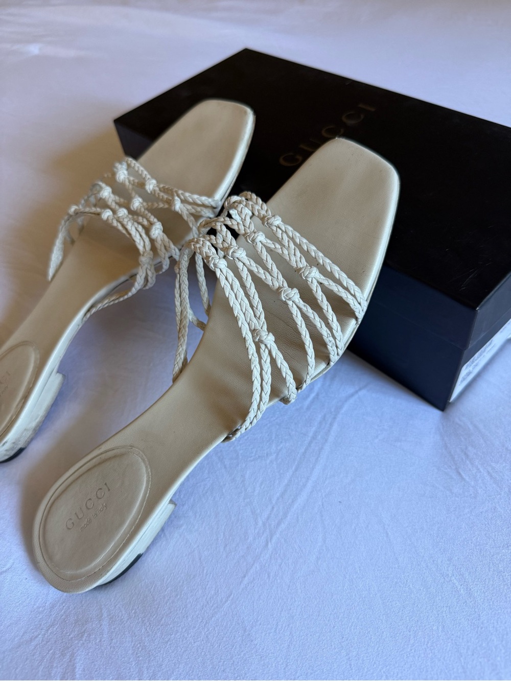 Vintage Gucci Tom Ford Era Braided Cream Leather Slide Sandals – Size 9B